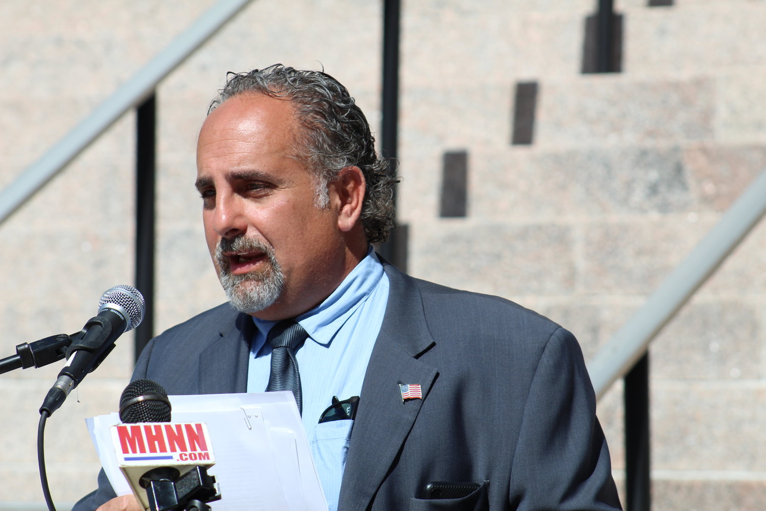Sullivan County Democratic Committee chairman Steven Vegliante speaks at last Tuesday’s press conference in front the Lawrence H. Cooke Sullivan County Courthouse in Monticello, NY.
